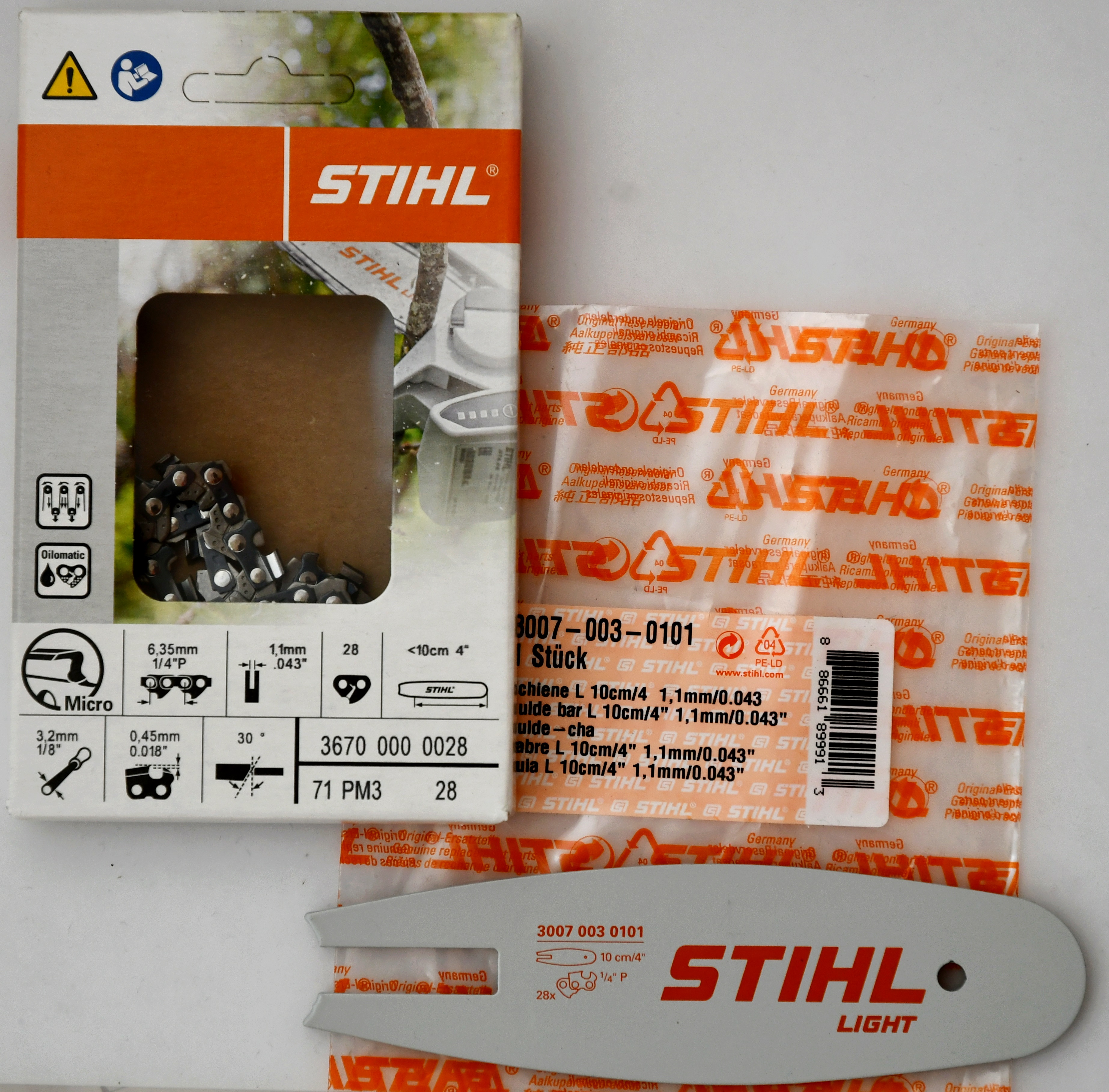 STIHL 30070030101 original Schiene Länge 10 cm/4' für GTA 26+Kette Sägekette 28TG PM3 für Stihl 1/4' 36700000028